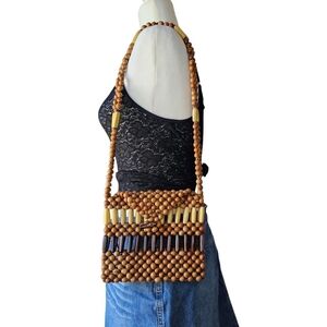 Handcrafted Wooden Beaded Shoulder Bag - Brown and Tan